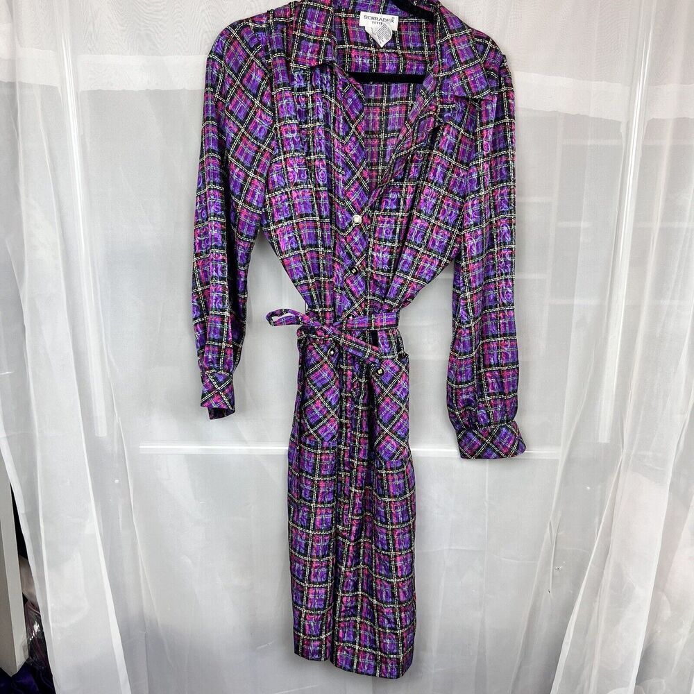 Vintage 80s Schrader plaid satin shirt dress sz 16p retro academia belted
